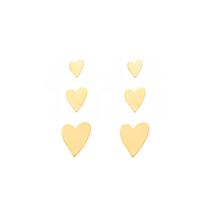 Trio de brinco coração piuka folheado a ouro 18k