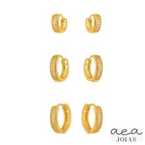 Trio de Brinco Cravejado Folheado a Ouro Luxo 18k