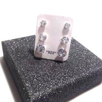 Trio De Brinco De Zircônia Strass Branco Prata 925 3/4/5mm