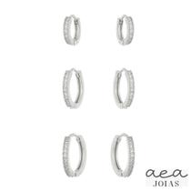 Trio de Brincos Argola com pedras no Ródio Branco Antialergico Trio de Brincos Argola com pedras no Ródio Branco Antialergico