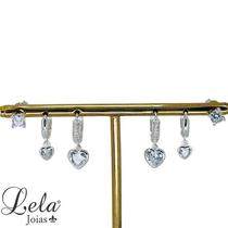 Trio de brincos argola cravejada com coração, argola lisa com coração e ponto de luz redondo prata 925 Trio de brincos argola cravejada com coração, argola lisa com coração e ponto de luz redondo prata 925
