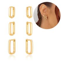Trio de Brincos Argolas Click Quadradas Ouro 18k