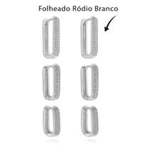 Trio de Brincos Argolas Retangular 1 Filete de Zircônia Folheado Ródio Branco