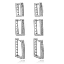Trio de Brincos Argolas Retangular 2 Filetes de Zircônia Folheado Ródio Branco