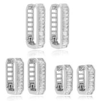 Trio de Brincos Argolas Retangular Cravejados Zircônias Baguetes Folheado Ródio Branco Trio de Brincos Argolas Retangular Cravejados Zircônias Baguetes Folheado Ródio Branco