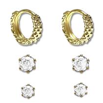 Trio de Brincos Argolinha Texturizada e Duas Zirconias Banhado a Ouro 18K