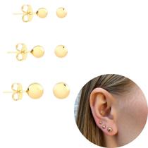 Trio de brincos Bolinha antialérgico Banhada Dourado 3 pares