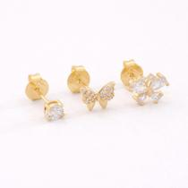Trio de Brincos Borboleta e Ponto de Luz Banhado a Ouro 18K - Semijoias Elegantes
