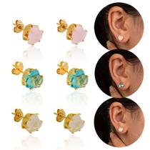 Trio de Brincos Coração com Pedras Coloridas Banhado e Delicado