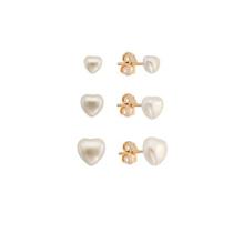 Trio de brincos coração de pérola banhado em ouro 18k