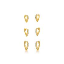 Trio de Brincos Coração uma fileira de Zirconia Banhados a Ouro 18k