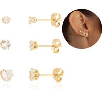 Trio de Brincos Coração Zircônias Ouro 18k