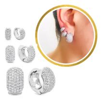 Trio De Brincos Cravejados Micro Zircônia Dourado E Prateado