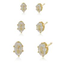 Trio de Brincos de Zircônias Oval Semi Joia Banhado Ouro 18k Presente Mae Esposa Namorada Trio de Brincos de Zircônias Oval Semi Joia Banhado Ouro 18k Presente Mae Esposa Namorada