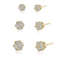 Trio de Brincos de Zircônias Redondos Semi Joias Banhado Ouro 18k Presente Mae Esposa Namorada