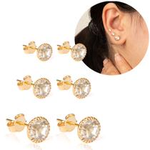 Trio De Brincos Feminino Banhado Zircônia Cristal Bolinha