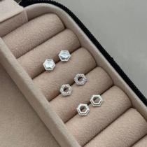 Trio de Brincos Hexágono Prata 925 Cravejado Vazado Elegante e Moderno