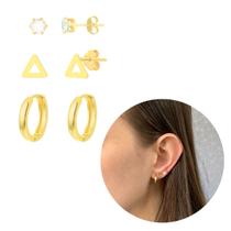 Trio de brincos Ouro 18k argolinha triangulo pedra banhado