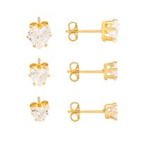 Trio de Brincos Ponto de Luz Coração Zircônia Folheado a Ouro 18k