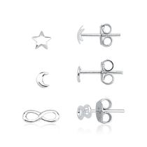 Trio de Brincos Prata 925 Infinito Estrela e Lua