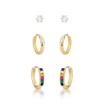 Trio de Brincos Premium - Ouro 18K Banhado, Pedras de Zircônia e Detalhes Coloridos