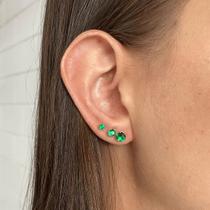 Trio de brincos redondos zirconia verde esmeralda em legitima prata 925