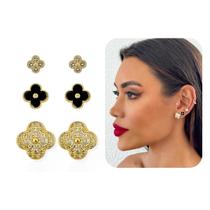Trio de Brincos Trevo Folheado a Ouro 18k e Prata Cravejado