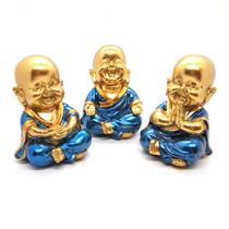 Trio de Buda Baby Orando Dourando Azul Brilhante Buda 9 cm