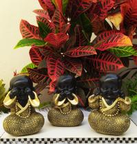 Trio de Buda Monge Bebê Cego Surdo e Mudo Decoração Preto Dourado 11 CM Novidade - Arte & Decoaração