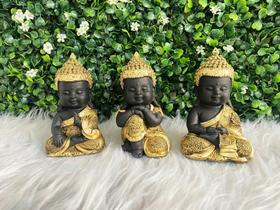 Trio de Buda Monge Bebê Sabedoria Meditação 11 CM Preto Fosco - arte & decoração