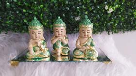 Trio de Buda Monge Bebê Sabedoria Meditação 11 CM Verde