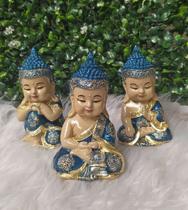 Trio de Buda Monge Bebê Sabedoria Meditação Azul
