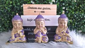 Trio de Buda Monge Bebê Sabedoria Meditação Decoração Lilas 11CM - ARTE & DECORAÇÃO