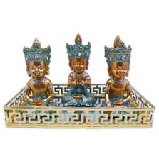 Trio de Buda Tailandês Azul Bandeja Espelhada 20x10