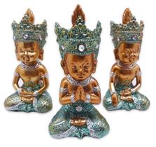 Trio de Buda Tailandês da Prosperidade Gold Azul 12cm - Flash
