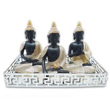 Trio de Buda Tailandês Rezando Preto Dourado com Bandeja - Flash