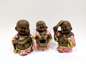 Trio de budas camponês envelhecido c/ rosa 10cm