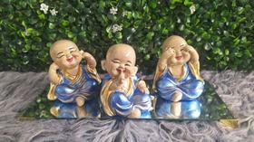 Trio de Budas Monge Bebê Cego Surdo Mudo Decoração Azul Claro 8CM