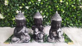 Trio de Budas Monges Bebê Sabedoria Meditação Prateado Decoração Sala 11CM