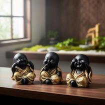 Trio De Budas Sábios Cego Surdo Mudo Decoração Hindu Lindos! Ouro/cobre