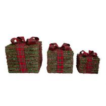 Trio de Caixa de Presente de Natal com Fita Xadrez Decorativa - Tok da Casa