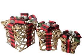 Trio de Caixas De Presente Natalina Natural com Fita Xadrez - Tok da Casa