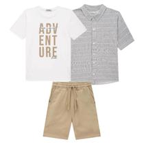 Trio de Camiseta em Malha Camisa em Tecido Cambraya Listrado e Bermuda em Sarja Stretch -LucBoo