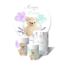 Trio De Capa Cilíndricas + Painel Sublimado c/ Elástico Chá Revelação Ursinho Balões Rosa e Verde Lavanda Aquarela