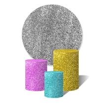 Trio De Capa Cilíndricas + Painel Sublimado c/ Elástico Chuva de Glitters Azul, Rosa, Dourado e Prata Trio De Capa Cilíndricas + Painel Sublimado c/ Elástico Chuva de Glitters Azul, Rosa, Dourado e Prata