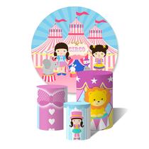 Trio De Capa Cilíndricas + Painel Sublimado c/ Elástico Circo Candy Rosa Palhacinhas Cabelo Castanho Trio De Capa Cilíndricas + Painel Sublimado c/ Elástico Circo Candy Rosa Palhacinhas Cabelo Castanho