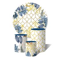Trio De Capa Cilíndricas + Painel Sublimado c/ Elástico Formas Douradas e Folhas Azuis Aquarela Trio De Capa Cilíndricas + Painel Sublimado c/ Elástico Formas Douradas e Folhas Azuis Aquarela