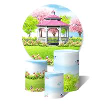 Trio De Capa Cilíndricas + Painel Sublimado c/ Elástico Jardim Encantado das Borboletas Flores Fundo Nuvens Aquarelas