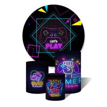 Trio De Capa Cilíndricas + Painel Sublimado c/ Elástico Lets Play Games Neon controles Trio De Capa Cilíndricas + Painel Sublimado c/ Elástico Lets Play Games Neon controles