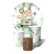 Trio De Capa Cilíndricas + Painel Sublimado c/ Elástico Safari Animais Jipe Folhas Bolinhas Coloridas Aquarela